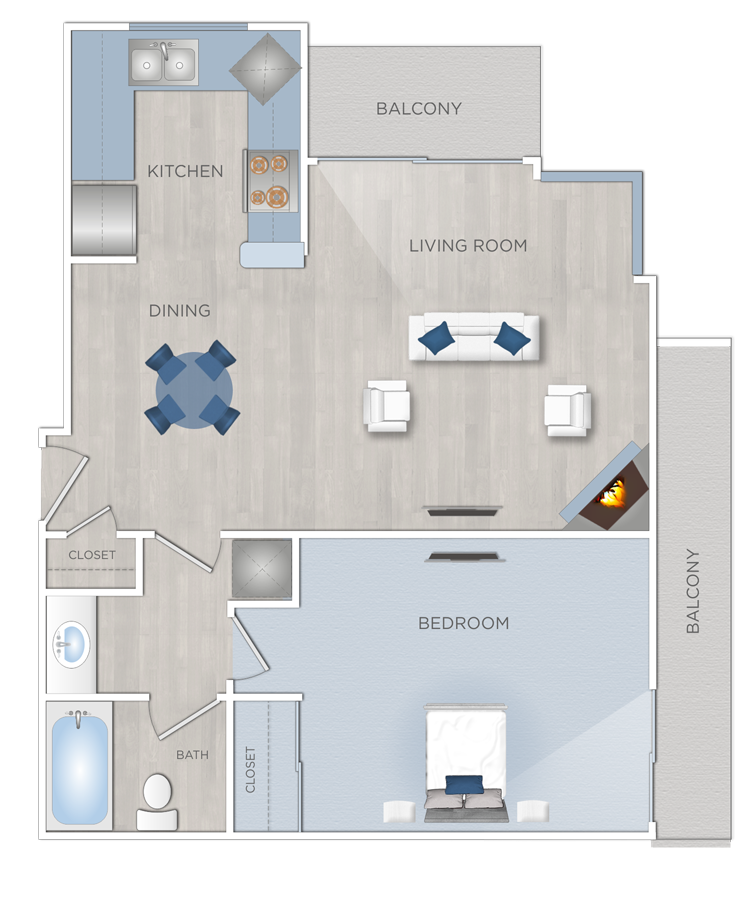 Floor plan for 1 bed, 1 bath, 683 sqft